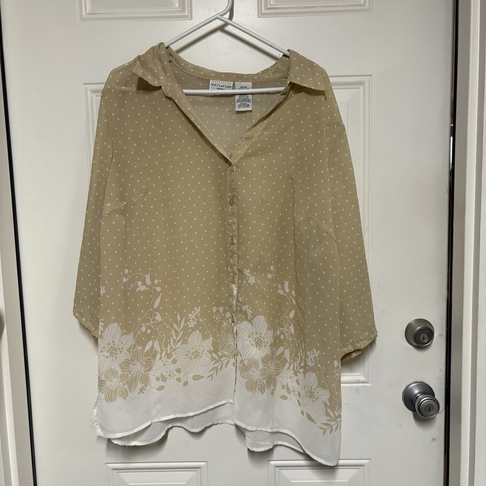White Stag Shirt Women's 3X ( 22W/24W) Tan+White Button Up floral 3/4 Sleeve Top
